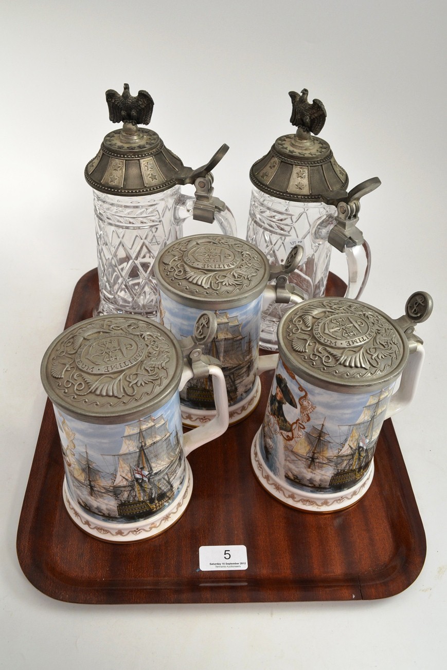 Tennants Auctioneers: Three Royal Worcester commemorative tankards and two glass and pewter lidded tankards (5)
